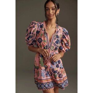 FARM RIO Seashell Tapestry Pink Mini Dress XL Organic Cotton Puff Sleeves Tassel